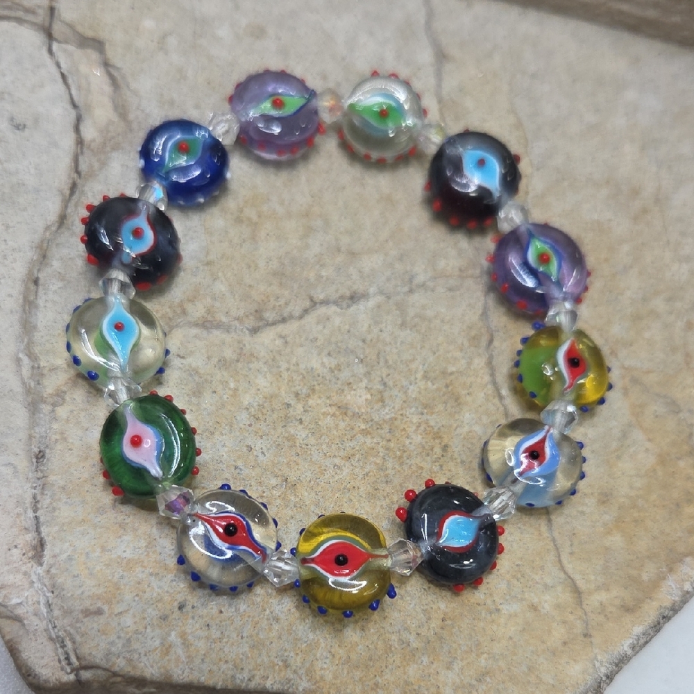 Handmade Lampwork Glass Bead Stretch Bracelet - Multicolor Evil Eye Protection